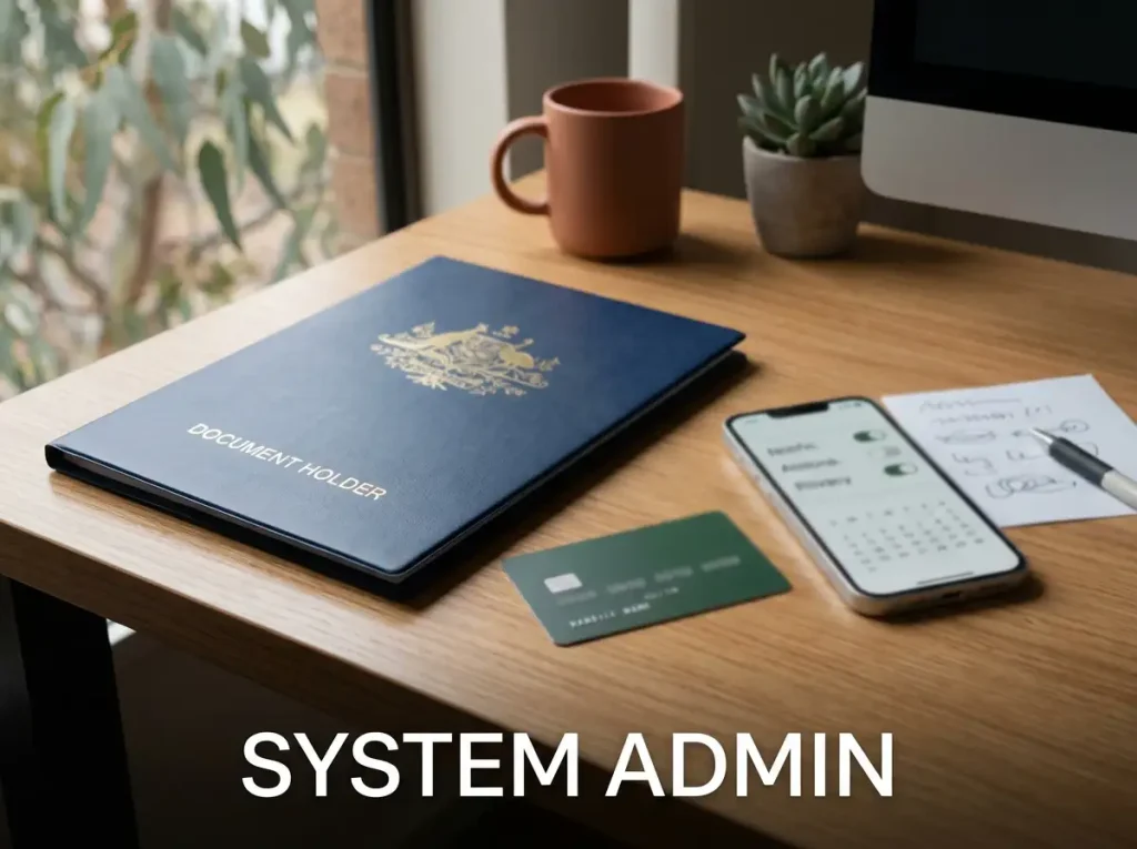 Neutral desk with identity document folder, payment card, phone settings screen and calendar representing account checks and player controls