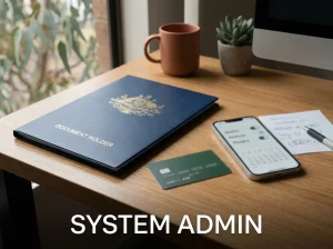 Neutral desk with identity document folder, payment card, phone settings screen and calendar representing account checks and player controls