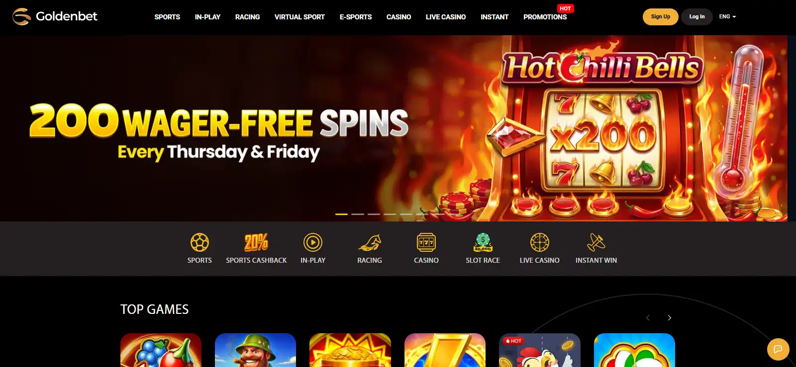 Goldenbet casino game library with category navigation and game tiles visible in the site interface