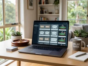 Laptop displaying a casino game library beside playing cards and a roulette table