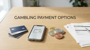Payment cards, a phone wallet, bank-transfer paperwork and abstract cryptocurrency tokens on a neutral desk