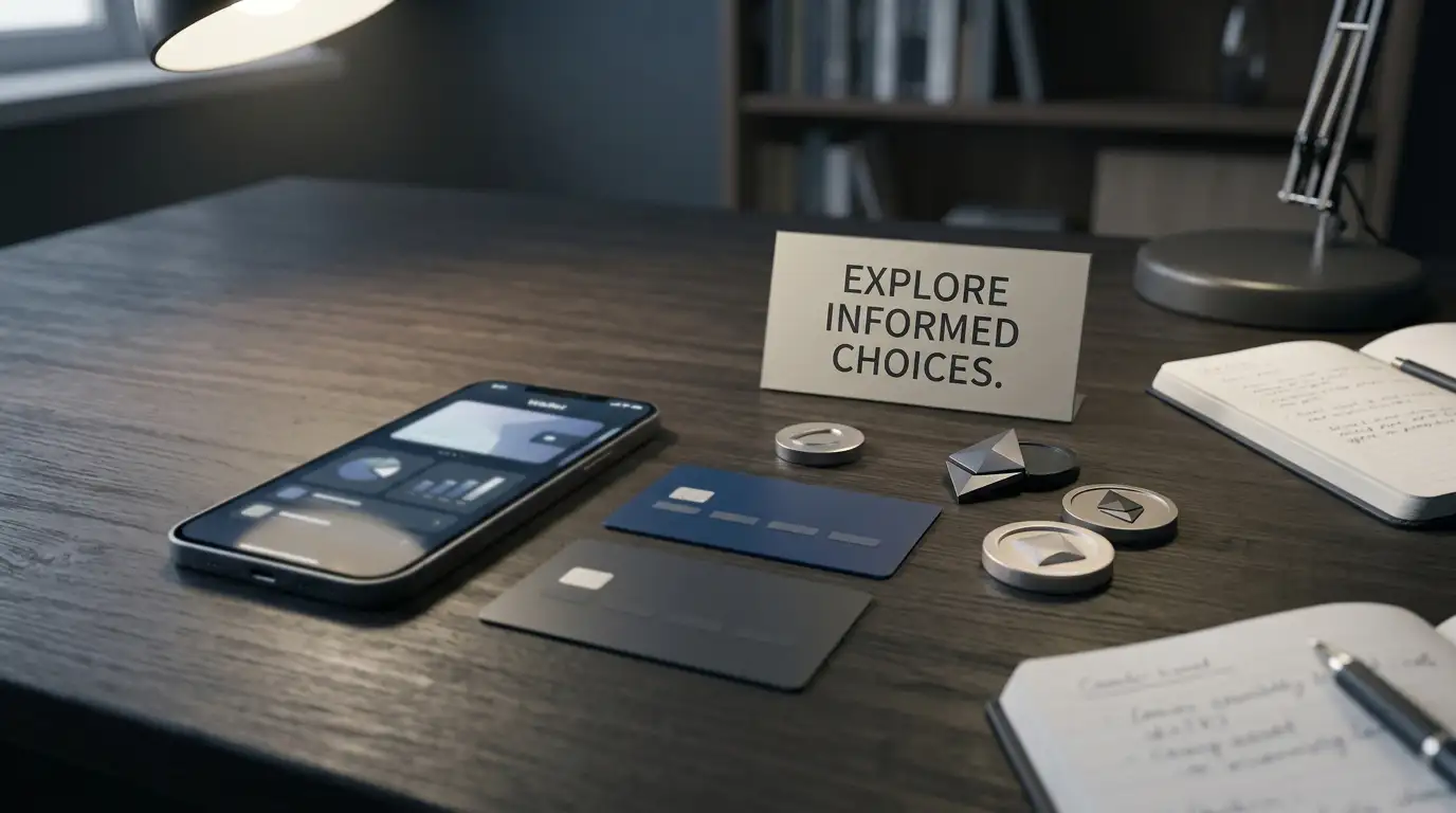 Payment cards, a phone wallet and abstract cryptocurrency tokens arranged on a desk