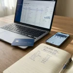 Laptop, payment card, phone wallet and transaction notes arranged on a neutral desk