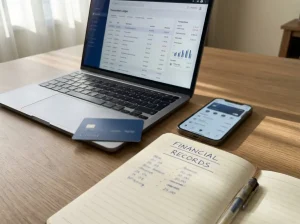 Laptop, payment card, phone wallet and transaction notes arranged on a neutral desk